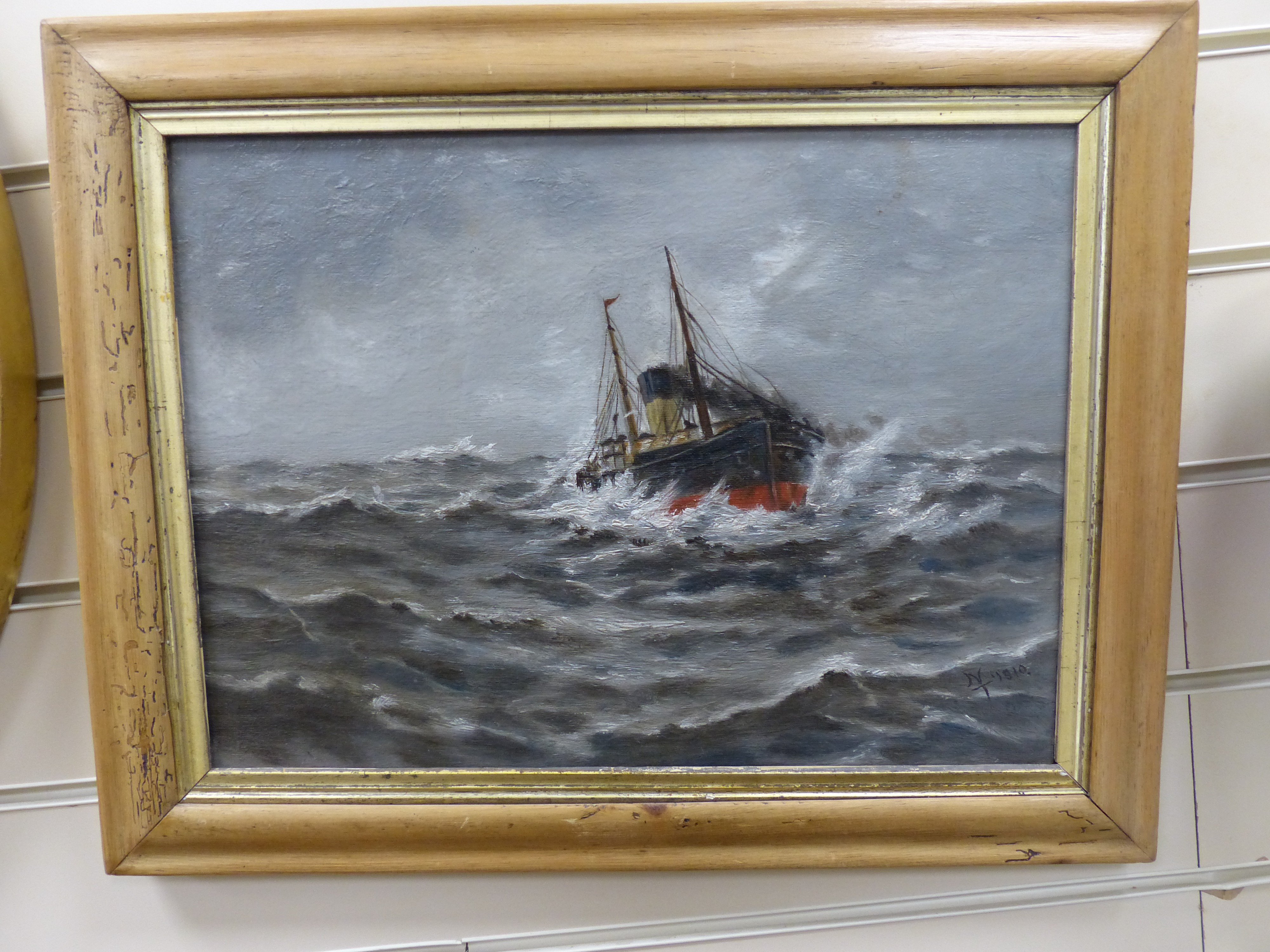 Nigel Terry, oil on canvas, Seascape of a trawler through rough sea, monogrammed NT and dated 1910, 39 x 29cm